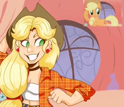 Size: 1187x1028 | Tagged: safe, artist:kat4nadepap3l, applejack, earth pony, human, pony, g4, look before you sleep, female, golden oaks library, grin, humanized, mare, scene interpretation, screencap reference, smiling, solo