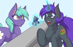 Size: 1280x829 | Tagged: safe, artist:mscolorsplash, oc, oc only, earth pony, pony, unicorn, commission, duo, duo male and female, eye clipping through hair, eyebrows, eyebrows visible through hair, female, figurine, glasses, levitation, looking at something, magic, male, mare, night guard, open mouth, open smile, smiling, stallion, telekinesis