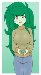 Size: 1761x3190 | Tagged: safe, alternate version, artist:batipin, wallflower blush, human, equestria girls, g4, my little pony equestria girls: better together, 2d, breasts, busty wallflower blush, clothes, female, gradient background, green background, high res, looking at you, nervous, nervous smile, open mouth, pants, pocket, proud, smiling, solo, sweater, throbbing, wavy mouth