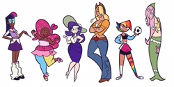 Size: 2048x1024 | Tagged: safe, artist:milkkirie, applejack, fluttershy, pinkie pie, rainbow dash, rarity, twilight sparkle, human, g4, applejack is tall, clothes, dark skin, denim, diverse body types, food, football, glasses, height difference, humanized, jeans, light skin, mane six, moderate dark skin, open mouth, open smile, pants, rainbow dash is short, simple background, skirt, smiling, sports, tallershy, tan skin, wheat, white background