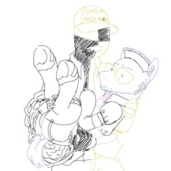 Size: 2000x2000 | Tagged: safe, artist:drawingblanks, oc, oc only, oc:jargon scott, oc:ponyquarantine, earth pony, human, pony, baseball cap, bridal carry, butt, cap, carrying, clothes, crossdressing, duo, fake moustache, garter belt, hat, high res, maid, male, panties, plot, simple background, stallion, stockings, stubble, sunglasses, thigh highs, underwear, white background
