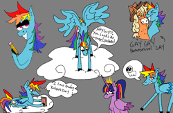 Size: 1224x796 | Tagged: safe, artist:corywoz001, applejack, rainbow dash, twilight sparkle, alicorn, earth pony, pegasus, pony, g4, autism creature, cloud, crown, dialogue, diary, female, gray background, grin, jewelry, lesbian, lidded eyes, looking down, mare, pencil, reading, regalia, ship:appledash, shipping, simple background, smiling, speech bubble, thought bubble, twilight sparkle (alicorn)