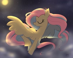 Size: 2048x1623 | Tagged: safe, artist:petaltwinkle, fluttershy, pegasus, pony, g4, cloud, eyes closed, female, flying, full moon, mare, moon, night, smiling, solo, spread wings, turned head, wings