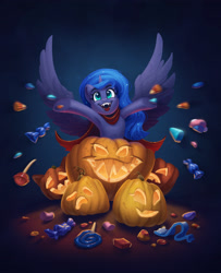 Size: 3062x3778 | Tagged: safe, artist:amishy, princess luna, alicorn, pony, g4, candy, clothes, costume, female, food, gradient background, halloween, halloween costume, high res, holiday, jack-o-lantern, lollipop, mare, open mouth, open smile, print, pumpkin, smiling, solo, spread hooves, spread wings, vampire costume, wings