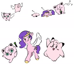 Size: 1801x1562 | Tagged: safe, artist:mayugraffiti, pipp petals, clefairy, jigglypuff, pegasus, pony, g5, blush sticker, blushing, crossover, dancing, female, mare, microphone, music notes, onomatopoeia, pokémon, simple background, singing, sleeping, sound effects, white background, winged, zzz