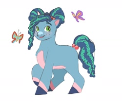 Size: 1636x1413 | Tagged: safe, artist:mayugraffiti, misty brightdawn, butterfly, pony, unicorn, g5, afro puffs, cute, filly, filly misty brightdawn, looking back, open mouth, simple background, smiling, solo, white background, younger