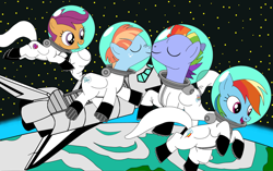 Size: 1280x804 | Tagged: safe, artist:joko-zuno, bow hothoof, rainbow dash, scootaloo, windy whistles, earth pony, pegasus, pony, g4, adopted offspring, astronaut, clothes, cutie mark on clothes, earth, enjoying the view, family, father and child, father and daughter, female, filly, floating, foal, male, mare, mother and child, mother and daughter, nuzzling, open mouth, orbit, parent:bow hothoof, parent:windy whistles, scootadoption, scootalove, ship:windyhoof, shipping, siblings, sisters, smiling, space, space helmet, space shuttle, spacesuit, stallion, stars, wholesome