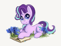Size: 1000x750 | Tagged: safe, artist:terra0940, derpibooru exclusive, starlight glimmer, pony, unicorn, g4, book, cute, flower, glimmerbetes, grass, lying down, simple background, smiling, solo, white background