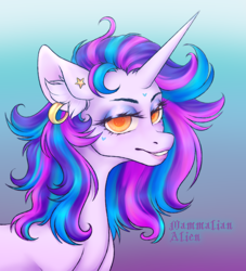 Size: 3024x3333 | Tagged: safe, artist:mammalian_alien, oc, oc only, pony, unicorn, ear fluff, ear piercing, earring, eyelashes, eyeshadow, gradient background, high res, jewelry, makeup, messy mane, piercing, solo