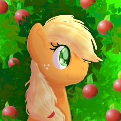Size: 800x800 | Tagged: safe, artist:lindasaurie, derpibooru exclusive, applejack, earth pony, pony, g4, apple, bust, eye clipping through hair, female, food, freckles, hatless, lineless, mare, missing accessory, side view, smiling, solo