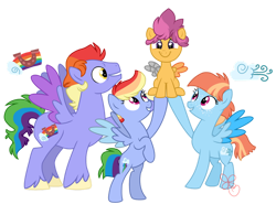 Size: 1024x757 | Tagged: safe, artist:hunterartist, bow hothoof, rainbow dash, scootaloo, windy whistles, pegasus, pony, g4, adopted, adopted offspring, alternate cutie mark, alternate design, alternate universe, amputee, artificial wings, augmented, cute, cutealoo, daaaaaaaaaaaw, family, father and child, father and daughter, female, filly, foal, freckles, lifting, male, mare, mother and child, mother and daughter, parent:bow hothoof, parent:windy whistles, prosthetic limb, prosthetic wing, prosthetics, scootadoption, scootalove, siblings, simple background, sisters, smiling, stallion, transparent background, wings