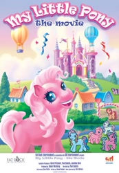 Size: 414x599 | Tagged: safe, minty, pinkie pie (g3), rainbow dash (g3), sparkleworks, earth pony, pony, g3, celebration castle, confetti, eyebrows, hot air balloon, looking at you, lost media, movie poster, my little pony: the movie (g3), ponyville, poster, smiling, streamers, teeth