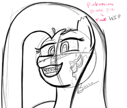 Size: 3500x3000 | Tagged: safe, artist:bazza, pinkie pie, earth pony, pony, g4, animatronic, animatronic pinkie, black and white, bloodshot eyes, crossover, endoskeleton, five nights at freddy's, grayscale, gritted teeth, high res, looking at you, monochrome, pinkamena diane pie, signature, simple background, sketch, sketch dump, teeth, torn ear, white background, wip, wires