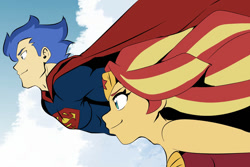 Size: 828x552 | Tagged: safe, artist:aokushan, flash sentry, sunset shimmer, equestria girls, g4, dc comics, female, male, ship:flashimmer, shipping, straight, superman, wonder woman