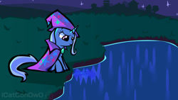 Size: 640x360 | Tagged: safe, artist:icatconowo, trixie, pony, unicorn, g4, lake, reflection, sad, the sad and depressive trixie, water