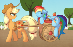 Size: 5100x3300 | Tagged: safe, artist:ratofdrawn, applejack, rainbow dash, earth pony, pegasus, pony, g4, absurd resolution, apple, applejack's hat, cart, cowboy hat, duo, duo female, eyes closed, female, folded wings, food, freckles, harness, hat, lesbian, looking at someone, mare, outdoors, ship:appledash, shipping, sky, sleeping, smiling, tree, wings