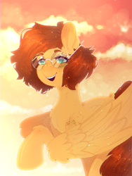 Size: 768x1024 | Tagged: safe, oc, oc:yuris, pegasus, pony, flying, freckles, glasses, open mouth, sky, smiling, solo, sunset, trade