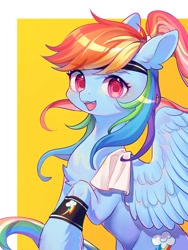 Size: 1500x2000 | Tagged: safe, artist:leafywind, rainbow dash, pegasus, pony, g4, alternate hairstyle, backwards cutie mark, chest fluff, cute, dashabetes, fangs, female, headband, looking at you, mare, open mouth, open smile, ponytail, prehensile mane, smiling, smiling at you, solo, sweatband, towel, wings