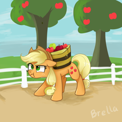 Size: 3000x3000 | Tagged: safe, artist:brella, applejack, earth pony, pony, g4, :t, angry, apple, apple basket, apple tree, applejack is not amused, applejack's hat, basket, cowboy hat, cute, female, fence, food, freckles, grumpy, hat, high res, jackabetes, madorable, mare, outdoors, signature, solo, tree, unamused