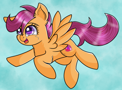 Size: 2266x1688 | Tagged: safe, artist:nyx-nintendencies, artist:rainbowtashie, scootaloo, pegasus, pony, g4, atg 2019, eyebrows, female, filly, flying, foal, happy, newbie artist training grounds, open mouth, open smile, scootaloo can fly, sky, smiling, solo, spread wings, the cmc's cutie marks, wings