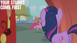 Size: 2000x1123 | Tagged: safe, edit, edited screencap, editor:quoterific, screencap, pinkie pie, twilight sparkle, earth pony, pony, unicorn, g4, party of one, butt, dialogue, golden oaks library, plot, twibutt, unicorn twilight