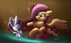 Size: 4407x2700 | Tagged: safe, alternate version, artist:auroriia, angel bunny, fluttershy, pegasus, pony, rabbit, g4, animal, cute, dancing, duo, duo male and female, eyebrows, eyes closed, female, flying, happy, high res, looking at someone, male, mare, open mouth, open smile, shyabetes, smiling, splashing, spread wings, water, wings