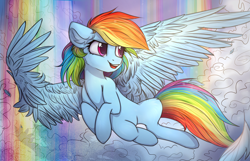 Size: 2959x1900 | Tagged: safe, artist:radioaxi, rainbow dash, pegasus, pony, g4, cloud, feather, female, flying, high res, large wings, mare, open mouth, open smile, rainbow, signature, smiling, solo, spread wings, wings