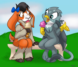 Size: 1280x1095 | Tagged: safe, artist:lilifox, gabby, oc, oc:peaches, goat, griffon, anthro, digitigrade anthro, unguligrade anthro, g4, anthro oc, beak, bench, big eyes, bow, eyelashes, female, fetlock tuft, floppy ears, folded wings, food, goat oc, hair bow, hill, ice cream, ice cream cone, leonine tail, open mouth, outdoors, sitting, tail, talking, tongue out, unshorn fetlocks, wings