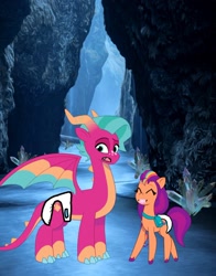 Size: 1600x2037 | Tagged: safe, artist:mistytheunicorn1999, edit, edited screencap, screencap, blaize skysong, sunny starscout, dragon, earth pony, pony, g5, my little pony: tell your tale, spoiler:g5, spoiler:my little pony: tell your tale, 1000 hours in ms paint, 1000 years in photoshop, cave, crystal, diaper, female, happy, low effort, non-baby in diaper, real life background, wings