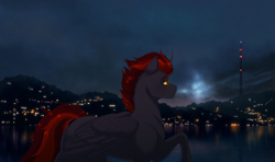Size: 2530x1500 | Tagged: safe, artist:silverwolf866, oc, oc only, alicorn, pony, alicorn oc, city, cityscape, commission, horn, night, solo, wings, ych result