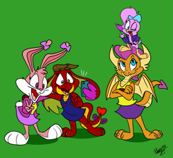 Size: 1757x1600 | Tagged: safe, artist:lilifox, smolder, oc, oc:cinder, bird, dragon, rabbit, anthro, plantigrade anthro, g4, animal, babs bunny, beak, big ears, bow, cellphone, clothes, crossed arms, crossover, dragon horns, dragon wings, dragoness, dress, ears, ears up, eyelashes, female, green background, hair bow, horns, jacket, one eye closed, one eye open, open mouth, peace sign, phone, selfie, shirt, simple background, skirt, smartphone, spread wings, standing on head, style emulation, sweetie bird, tank top, tiny toons looniversity, wings, wink