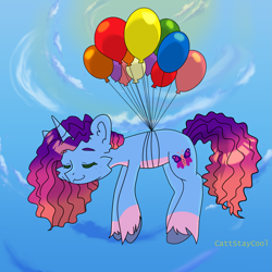 Size: 3407x3403 | Tagged: safe, artist:cattstaycool, misty brightdawn, pony, unicorn, g5, balloon, female, floating, high res, mare, rebirth misty, sky, solo