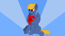 Size: 1920x1080 | Tagged: safe, artist:puginpocket, oc, oc only, oc:cobalt thunder, pegasus, pony, blue coat, heart, looking at someone, male, sitting, solo, stallion, tail, wing hold, wings, yellow mane, yellow tail