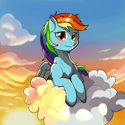 Size: 2048x2048 | Tagged: safe, artist:maonyman, rainbow dash, pegasus, pony, g4, chest fluff, cloud, colored hooves, colored wings, female, high res, looking at you, mare, solo, sunset, two toned wings, wings