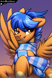 Size: 2000x3000 | Tagged: safe, artist:jedayskayvoker, oc, oc only, oc:lightning rider, pegasus, pony, bust, clothes, cute, gradient background, high res, icon, looking back, male, patreon, patreon reward, pegasus oc, portrait, scarf, smiling, solo, spread wings, stallion, striped scarf, wing fluff, wings