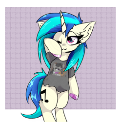 Size: 2000x2000 | Tagged: safe, artist:jubyskylines, dj pon-3, octavia melody, vinyl scratch, earth pony, pony, unicorn, g4, bipedal, clothes, colored hooves, ear fluff, female, high res, horn, mare, one eye closed, shirt, sleepy, solo, t-shirt