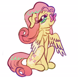 Size: 2048x2048 | Tagged: safe, artist:7redteeths, fluttershy, butterfly, pegasus, pony, g4, butterfly on nose, female, floppy ears, high res, insect on nose, mare, simple background, sitting, solo, white background