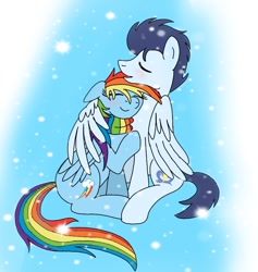 Size: 720x760 | Tagged: safe, artist:dasher666, artist:deltalix, edit, rainbow dash, soarin', pegasus, pony, g4, clothes, female, hug, male, mare, scarf, ship:soarindash, shipping, stallion, straight, winghug, wings