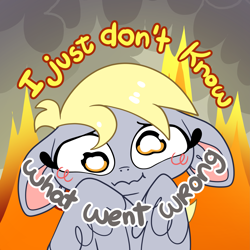 Size: 3319x3319 | Tagged: safe, artist:cutepencilcase, derpy hooves, pegasus, pony, g4, adorable distress, caption, cute, derpabetes, distressed, fire, floppy ears, high res, i just don't know what went wrong, solo, text, wavy mouth