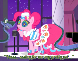 Size: 1080x852 | Tagged: safe, artist:scornedremnant, edit, edited screencap, screencap, pinkie pie, earth pony, pony, snake, g4, season 1, the best night ever, blushing, clothes, cute, diapinkes, dress, duo, female, gala dress, grand galloping gala, hat, hypno eyes, hypno pie, hypnosis, hypnotized, kaa, kaa eyes, male, mare, microphone, pinkie pie also dresses in style, pinkie pie's first gala dress, shoes, smiling, the jungle book