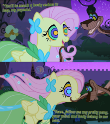 Size: 1080x1222 | Tagged: safe, artist:scornedremnant, edit, edited screencap, screencap, fluttershy, pegasus, pony, snake, g4, season 1, the best night ever, canterlot royal gardens, clothes, cute, dress, female, fluttershy also dresses in style, fluttershy's first gala dress, gala dress, hypno eyes, hypnoshy, hypnosis, hypnotized, kaa, kaa eyes, male, mare, night, open mouth, open smile, shyabetes, smiling, starry night, the jungle book