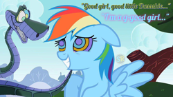 Size: 1088x612 | Tagged: safe, artist:scornedremnant, rainbow dash, pegasus, pony, snake, g4, cute, dashabetes, female, good girl, grin, hypno dash, hypno eyes, hypnosis, hypnotized, kaa, kaa eyes, looking at each other, looking at someone, male, mare, smiling, snake tail, story included, tail