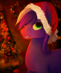 Size: 833x1000 | Tagged: safe, artist:honeyapplecake, oc, oc only, oc:proudy hooves, earth pony, pony, 2014, christmas, christmas tree, christmas wreath, earth pony oc, green eyes, hat, holiday, looking at you, male, new year, room, santa hat, smiling, solo, stallion, tree, wreath