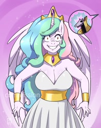 Size: 900x1140 | Tagged: safe, artist:traupa, idw, princess celestia, anthro, g4, accord (arc), anime style, breasts, busty princess celestia, cleavage, creepy, evil smile, grin, jewelry, looking at you, regalia, smiling, snaplestia