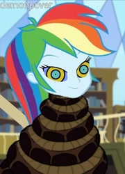 Size: 1079x1499 | Tagged: safe, artist:demonpover, edit, edited screencap, screencap, rainbow dash, human, snake, equestria girls, g4, coils, female, hypno dash, hypno eyes, hypnosis, hypnotized, kaa eyes, library, lidded eyes, smiling, wrapped snugly, wrapped up