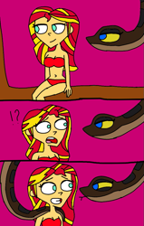 Size: 605x953 | Tagged: safe, artist:beecartoonist13, sunset shimmer, human, snake, equestria girls, g4, belly button, bikini, breasts, busty sunset shimmer, clothes, evening, exclamation point, kaa, nervous, nervous smile, question mark, sitting, smiling, snake tail, startled, swimsuit, tail, tree