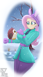 Size: 2200x3872 | Tagged: safe, artist:theretroart88, chad (g4), fluttershy, bird, human, owl, equestria girls, equestria girls specials, g4, my little pony equestria girls: better together, my little pony equestria girls: holidays unwrapped, winter break-in, big breasts, breasts, bunny ears, busty fluttershy, clothes, curvy, cute, female, grin, high res, hourglass figure, jacket, mittens, pants, shyabetes, smiling, snow, snowfall, solo, sweater, tree, waistband, winter outfit