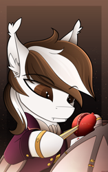 Size: 2165x3439 | Tagged: safe, artist:andaluce, oc, oc:choco blanc, bat pony, clothes, ear fluff, food, fruit, high res, jewelry, pomegranate, solo, suit