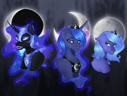 Size: 1979x1500 | Tagged: safe, artist:sapphireleaf48, nightmare moon, princess luna, alicorn, pony, g4, blue eyes, blue mane, bust, colored pupils, crescent moon, crown, crying, digital art, ethereal mane, eyeshadow, fangs, female, flowing mane, gray background, helmet, horn, jewelry, makeup, mare, moon, moonlight, open mouth, peytral, portrait, redraw, regalia, sad, signature, simple background, solo, starry mane, stars, teary eyes, teeth