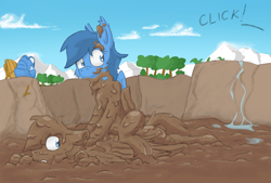 Size: 9230x6225 | Tagged: safe, artist:pzkratzer, oc, oc only, oc:night cloud, oc:ponygriff, hippogriff, hybrid, ponygriff, sphinx, backpack, covered in mud, cute, dirty, duo, female, hippogriff oc, husband and wife, male, mountain, mud, muddy, outdoors, playing, puddle, shipping, sitting on person, sitting on pony, sphinx oc, wet and messy